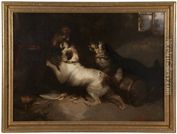 Cairn Terriers Cornering A Fox Oil Painting - George Armfield