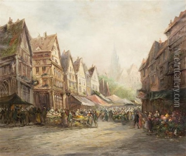 Market Scene, Strasbourg Oil Painting - Paul Denarie