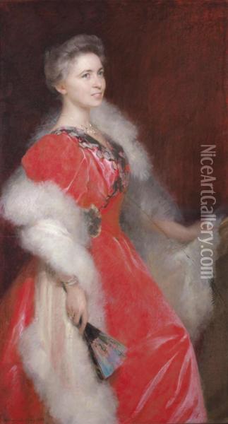 Portrait De Femme En Rouge Oil Painting - Walter Petersen