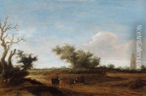 A Landscape With A Shepherd And Cattle On A Path, Haarlembeyond Oil Painting - Jacob Salomonsz. Ruysdael