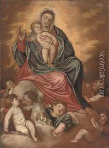 The Madonna And Child With Putti
 And A Model Of The Church Of Santa Maria Della Salute, Venice Oil Painting - (Alessandro) Padovanino (Varotari)