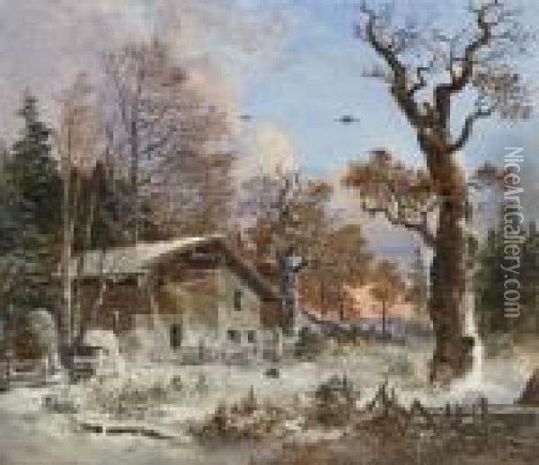 Winterlandschaft Mit
 Forsthaus. Oil Painting - Heinrich Burkel