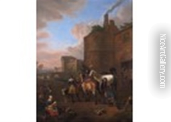 Soldiers With A Blacksmith Shoeing A Horse, A Fort Beyond Oil Painting - Pieter van Bloemen