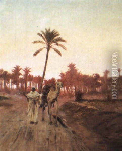 An Arab And His Camel At Sunset Oil Painting - Otto Pilny