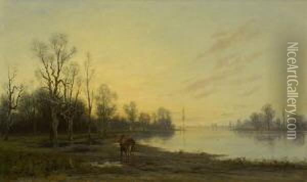 Flusslandschaft In Der
 Abenddammerung. Oil Painting - Stephanie Von Strechine