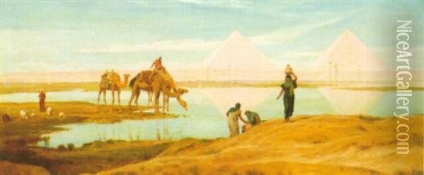 The Light Of The Rising Sun Upon The Pyramids Of Ghizeh Oil Painting - Frederick Goodall