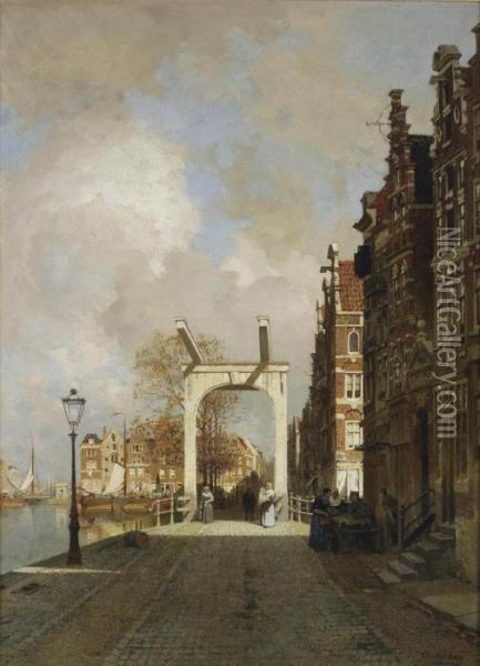 Drawbridge Along The River Amstel, Amsterdam Oil Painting - Johannes Christiaan Karel Klinkenberg