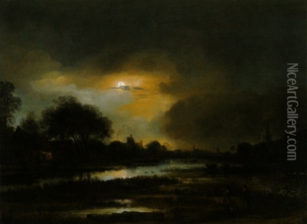 Weite Flusslandschaft Bei Mondschein Oil Painting - Anthonie Van Borssom