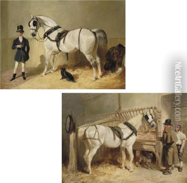 A St James's Saddled Grey Coach 
Horse With A Coachman And Dog; Anda Harnessed St Giles Cab Horse With 
His Driver Oil Painting - John Frederick Herring Snr