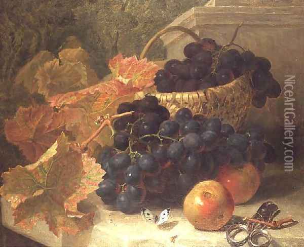 Still Life with Grapes and Scissors on a Stone Shelf Oil Painting - Eloise Harriet Stannard