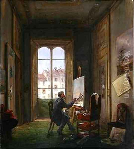 The painter Giuseppe Canella at work on a canvas in his studio Oil Painting - Carlo Canella