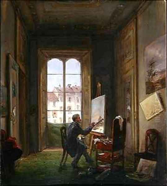 The painter Giuseppe Canella at work on a canvas in his studio oil