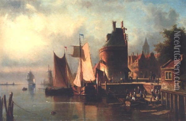 Unloading Ships At A Dutch Port Oil Painting - John Frederik Hulk the Younger