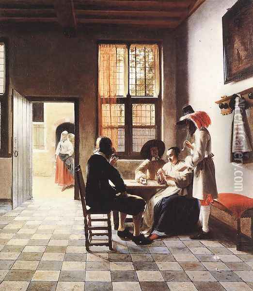 Cardplayers in a Sunlit Room Oil Painting - Pieter De Hooch