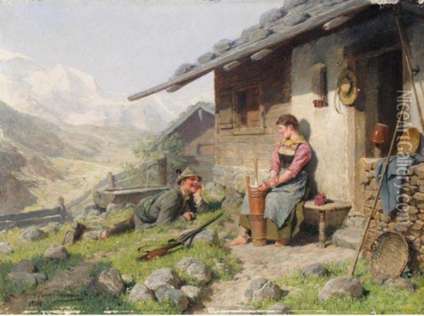 Vor Der Almhutte (outside The Mountain Hut) Oil Painting - Hugo Kauffmann
