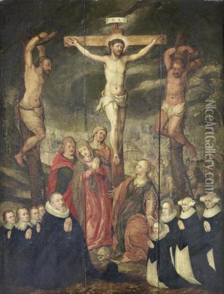 The Crucifixion With Donors Oil Painting - Maarten de Vos
