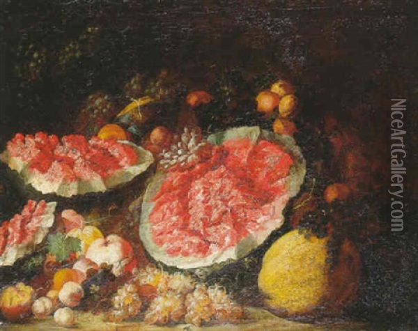 Nature Morte Aux Fruits, Coing, Pasteques Eclatees, Peches, Raisins Blancs, Noir Et Citron Oil Painting - Michele Antonio Rapous