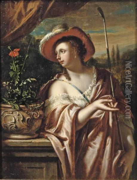 A Shepherdess Standing Near A Plinth With Flowers In A Classical Vase Oil Painting - Frans Ii Van Mieris