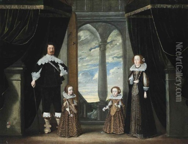 Group Portrait Of An Aristocratic Family, Full-length, Before A Draped Curtain, In An Interior, A Park Landscape Beyond Oil Painting - Wolfgang Heimbach
