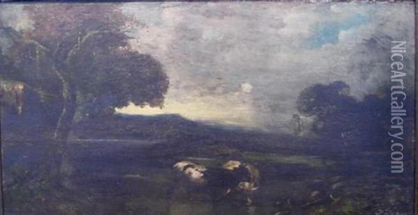 Cows At A Watering Hole Oil Painting - Jules Dupre