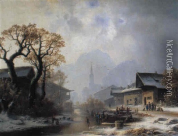 Dorfpartie Im Winter Vor Schneebedeckten Bergen Oil Painting - Anton Doll