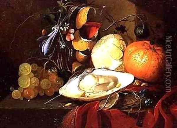 An oyster, a glass of wine and fruit on a table covered with a red velvet drape Oil Painting - Elias van den Broeck