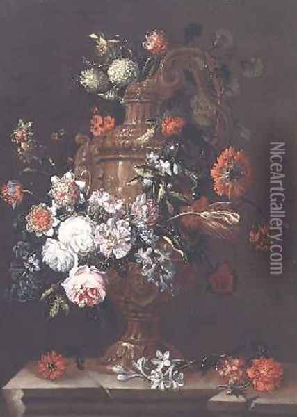 Still Life with Roses Tulips and other Flowers in an Urn on a Stone Ledge Oil Painting - Jean-Baptiste Monnoyer