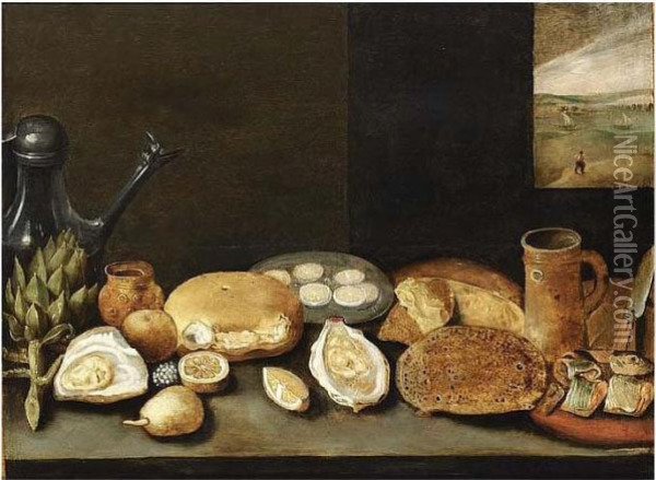 A Still Life With An Artichoke, 
 A Pewter Jug, Oysters, Lemons, A Herring On A Plate With Bread, All On
 A Wooden Ledge, A View Of A River Landscape Through A Window In The 
Background Oil Painting - Hieronymus II Francken