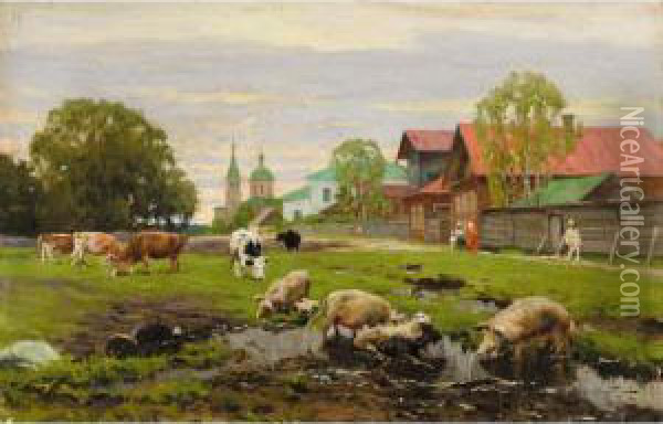 Provincial Russian Village Oil Painting - Aleksander Vladimirovich Makovskii