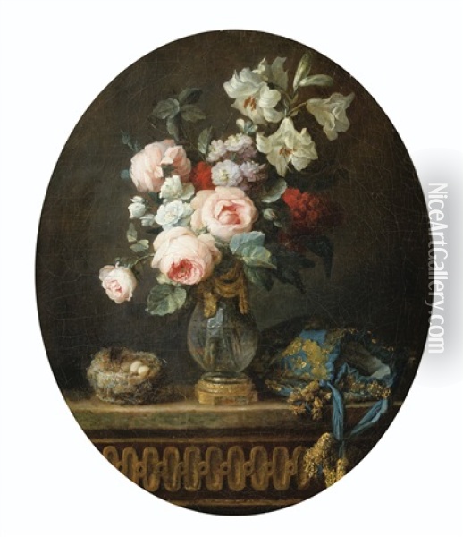 Nature Morte Au Vase De Fleurs, Nid D'oiseau Et Bourse Oil Painting - Anne Vallayer-Coster