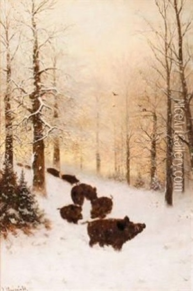 Boars In The Snow Oil Painting - Friedrich Josef Nicolai Heydendahl