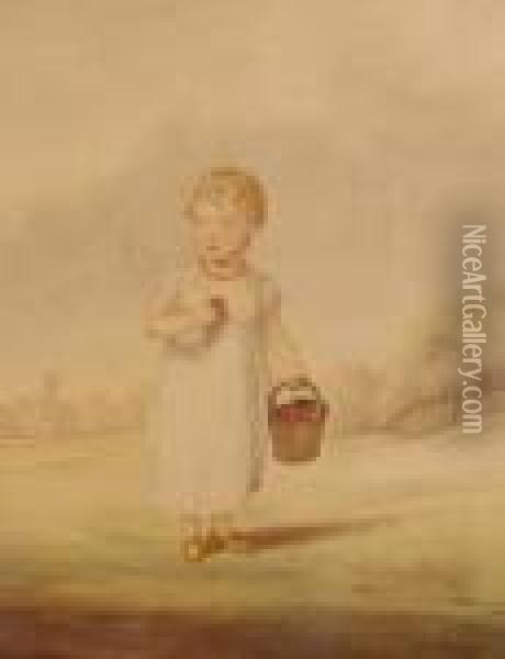 Portraitof A Child Holding A Basket Of Berries Oil Painting - Richard Dighton