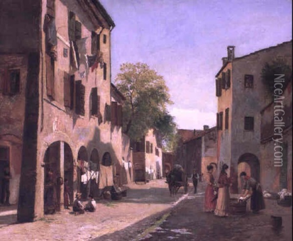 Italiensk Gadeparti Med Figurer Oil Painting - August Fischer
