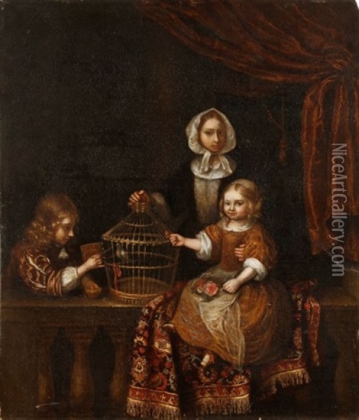 Deux Enfants Avec Une Cage A Oiseaux Oil Painting - Constantyn Netscher