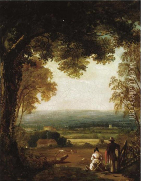 An Extensive Landscape With Figures In The Foreground Oil Painting - George Hilditch