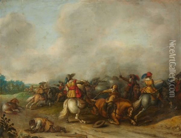 A Cavalry Battle In A Panoramic Landscape Oil Painting - Palamedes Palamedesz the Elder