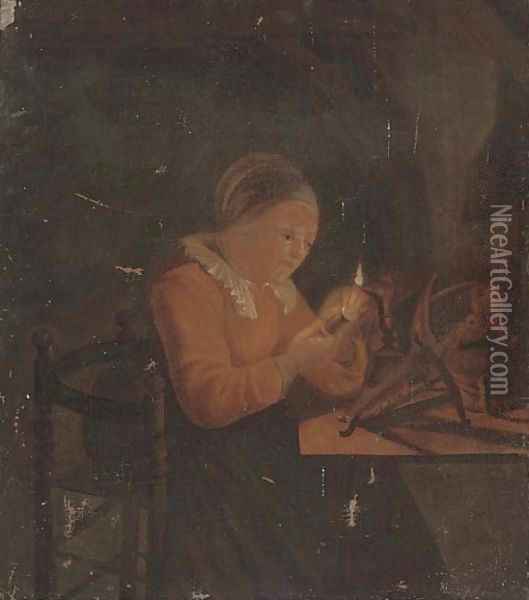 A lady sewing by candlelight Oil Painting - Godfried Schalcken
