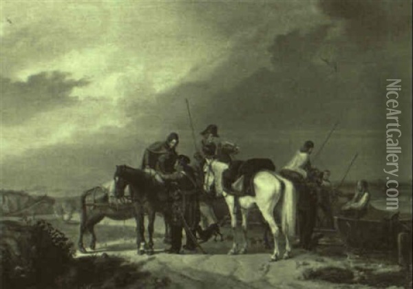 Soldaten Und Bauern Mit Pferden Am Flusufer Oil Painting - Henri-Ambros Eckert