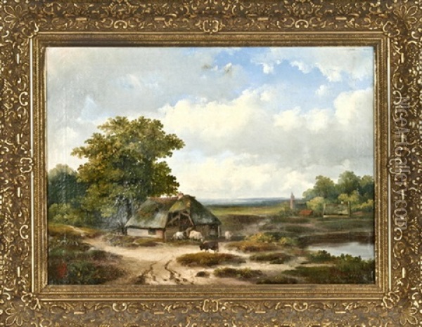Spatromantische Landschaft, Hirte Mit Schafen Vor Dem Stall Oil Painting - Hermanus Jan Hendrik Rijkelijkhuysen