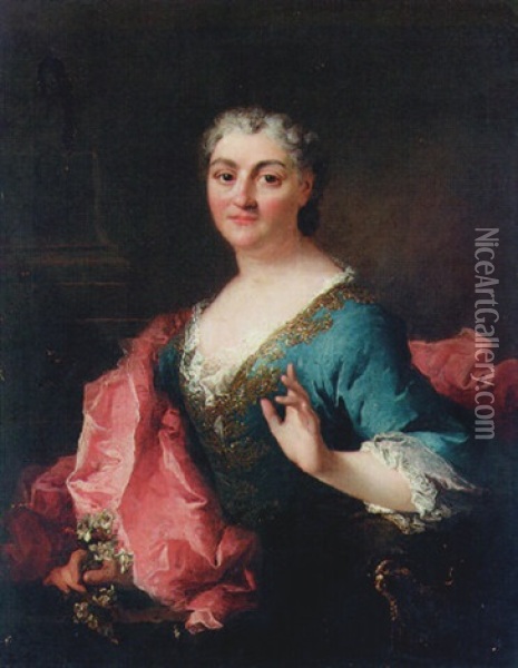 Portrait Of A Lady In A Gold-embroidered Blue Dress With A Scarlet Mantle, Before A Pillar, A Sprig Of Orange Blossom In Her Right Hand Oil Painting - Robert Levrac-Tournieres