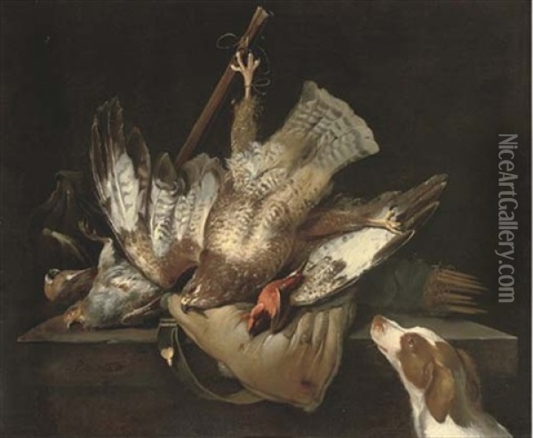 A Hunting Still Life With A Falcon, A Partridge, A Kingfisher, A Game Bag On A Ledge And A Spaniel Oil Painting - Pieter Van Noort
