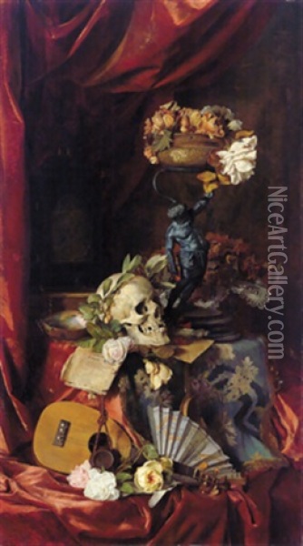 Stilleben Mit Mandoline, Facher, Rosen Und Einem Totenkopf Oil Painting - Hugo Charlemont
