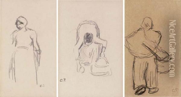 Etudes Des Figures: Femme Debout; Femme Au Travail; Femme Aveccorbeille Oil Painting - Camille Pissarro