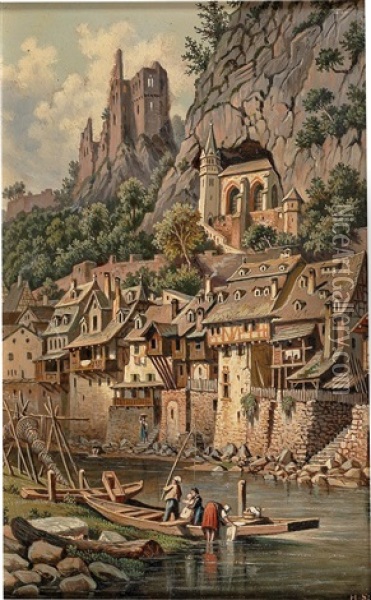 View Of The Rock Church And Castle Ruins In Idar-oberstein Oil Painting - Hubert Sattler