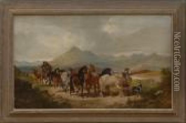 Horse Roundup In The Highlands Oil Painting - Henry Charles Woollett