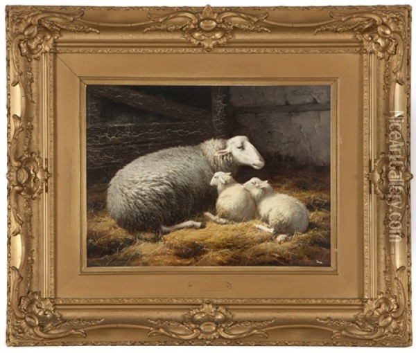 Ewe And Two Lambs In A Barn Oil Painting - Theo van Sluys