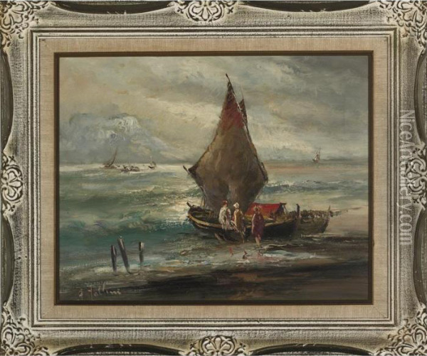 Figures On A Beach Boarding Boats Oil Painting - Carlo Follini