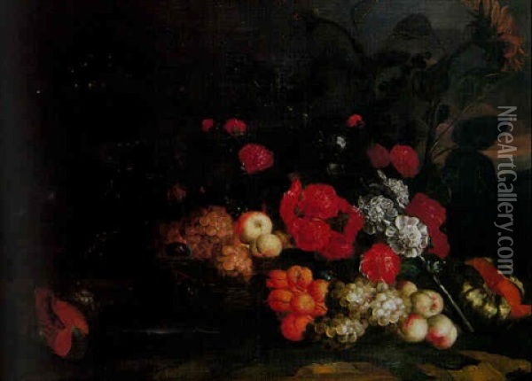 Nature Morte Aux Fleurs Et Fruits Dans Un Paysage Oil Painting - Jakob Bogdani