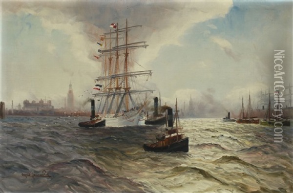 View Of Hamburg Harbour With A Sailing Boat And Tugs Oil Painting - Alfred Serenius Jensen