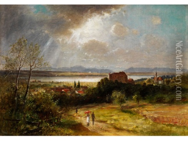 Blick Auf Starnberg Und Den Starnberger See Bei Aufziehendem Gewitter Oil Painting - Franz Reder-Broili